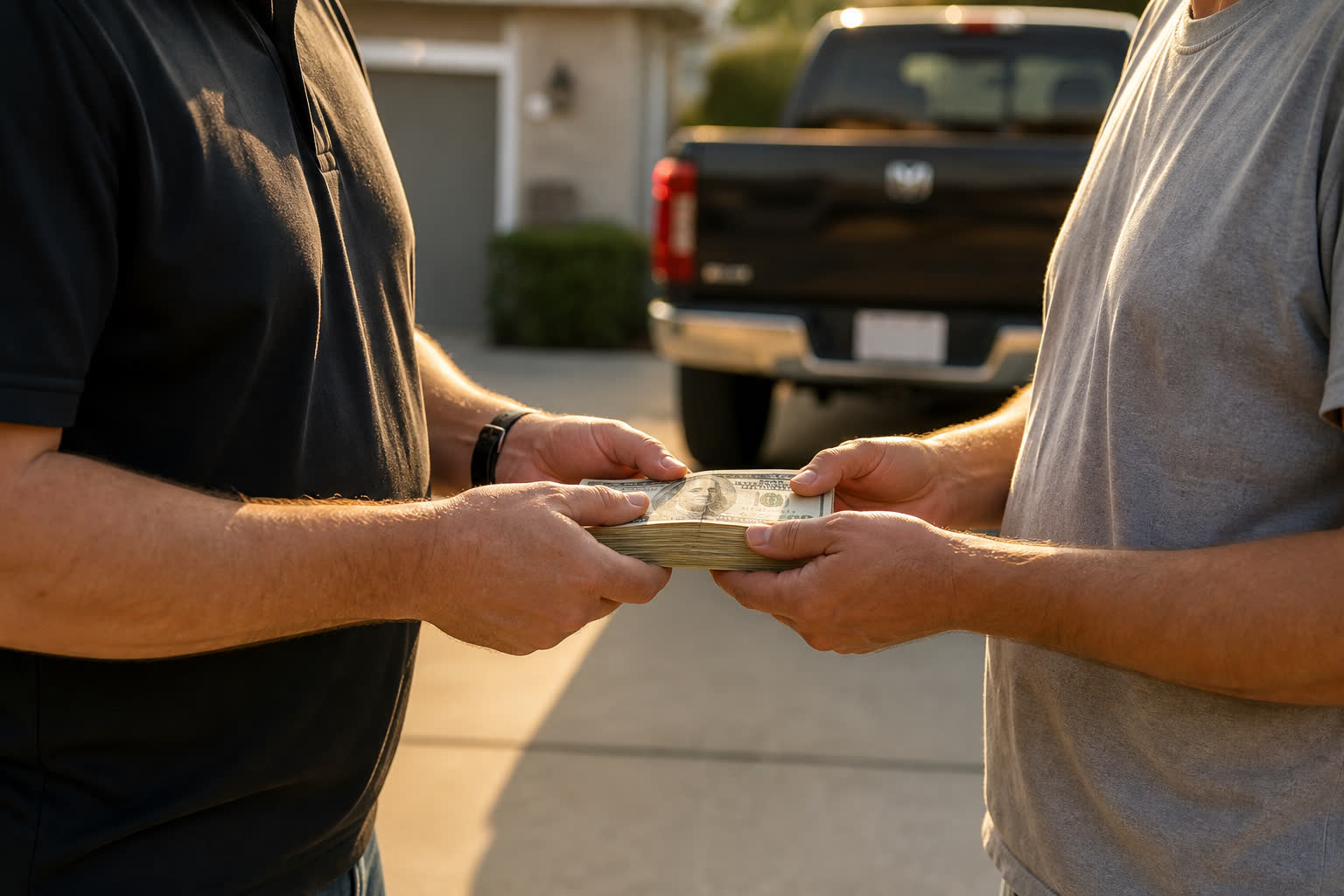 Cash paid on the spot for an as-is vehicle, faces not shown. Illustrative, not a photographed sale.